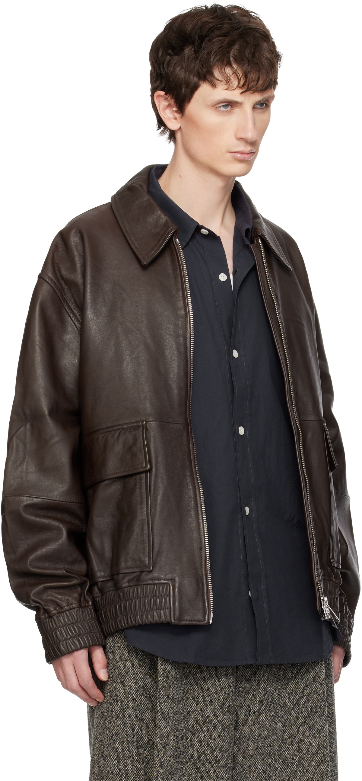 Studio Nicholson Brown Piston Leather Jacket