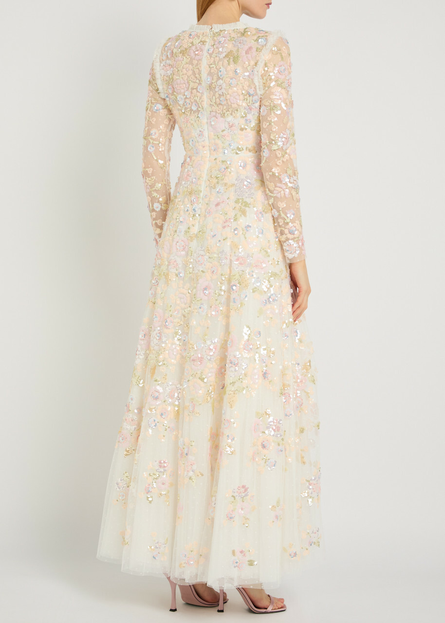 Needle & Thread Sequin Paradise Floral-embellished Tulle Gown White