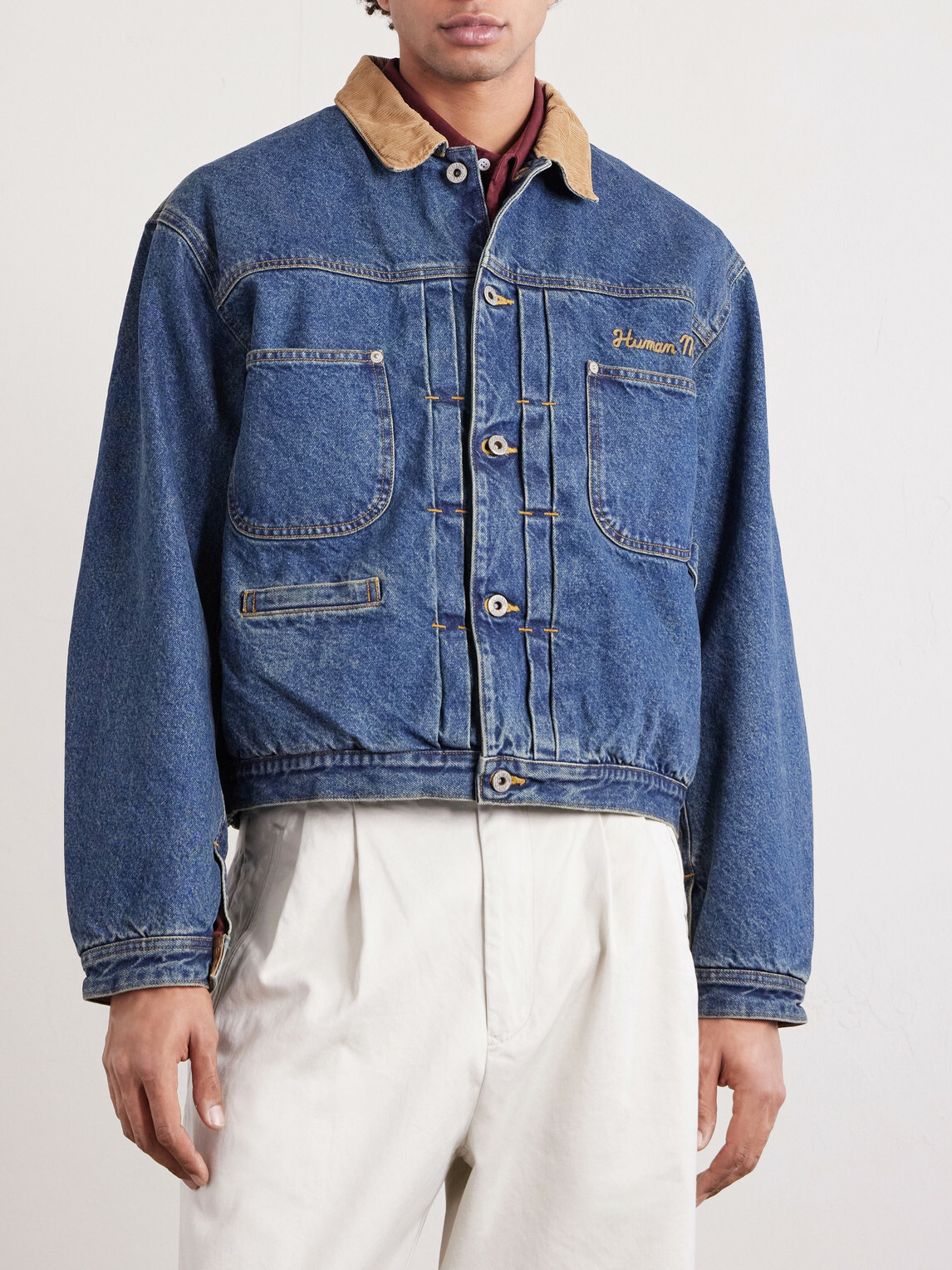 Human Made - Corduroy-Trimmed Logo-Embroidered Denim Jacket - Blue
