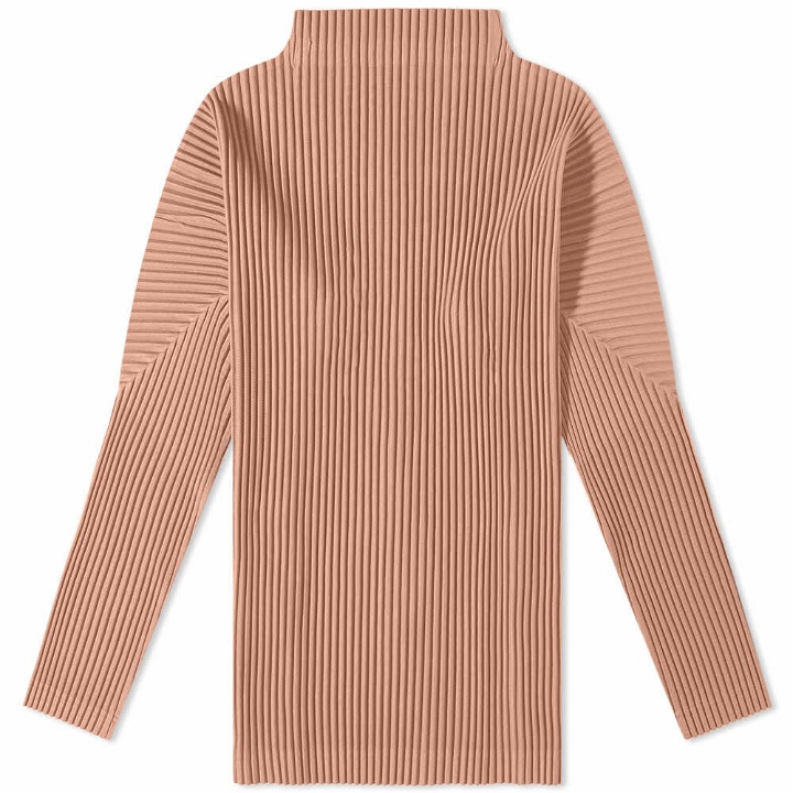 Photo: Homme Plissé Issey Miyake Men's Long Sleeve Pleated Roll Neck in Pink/Red Hued