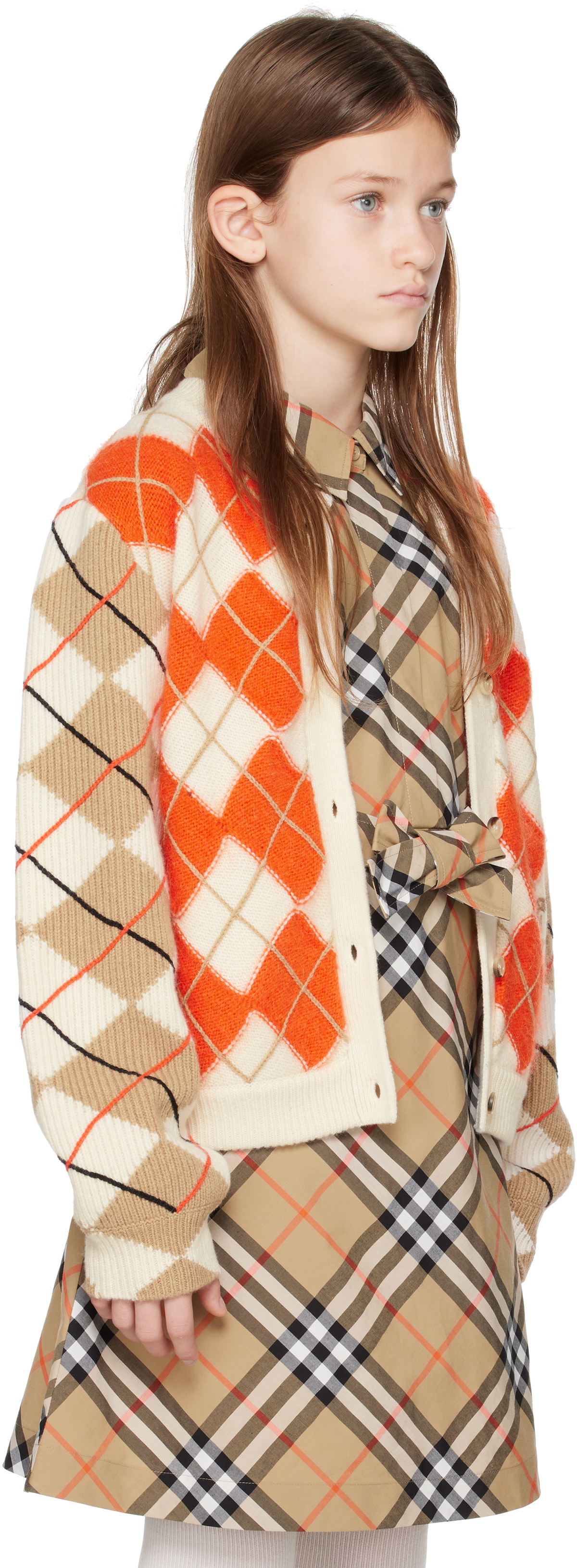 Burberry Kids Orange Argyle Wool Cardigan