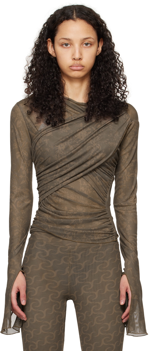 Jade Cropper Khaki Draped Long Sleeve T-Shirt
