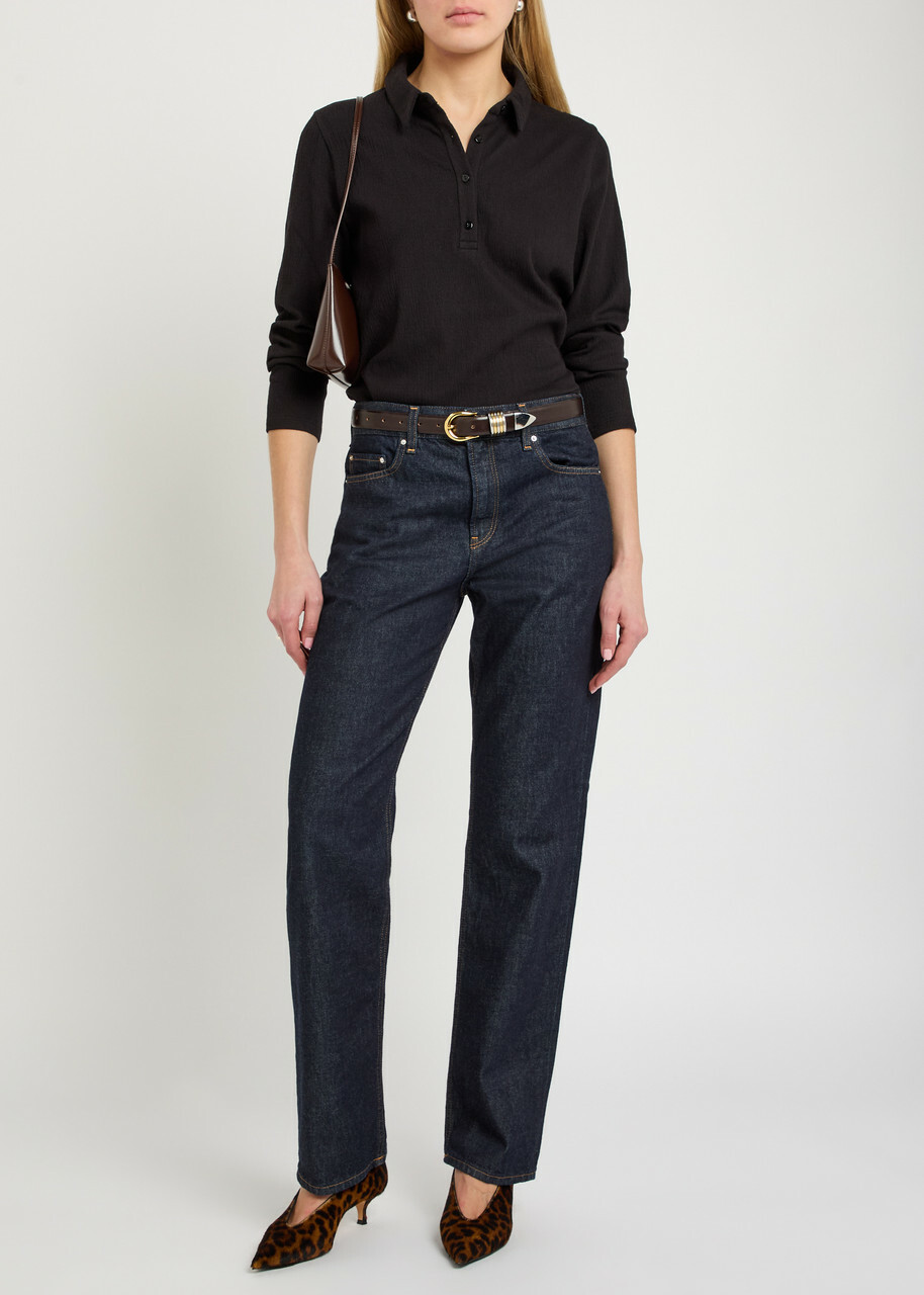Eileen Fisher Henley Textured Cotton-blend Polo Shirt Black
