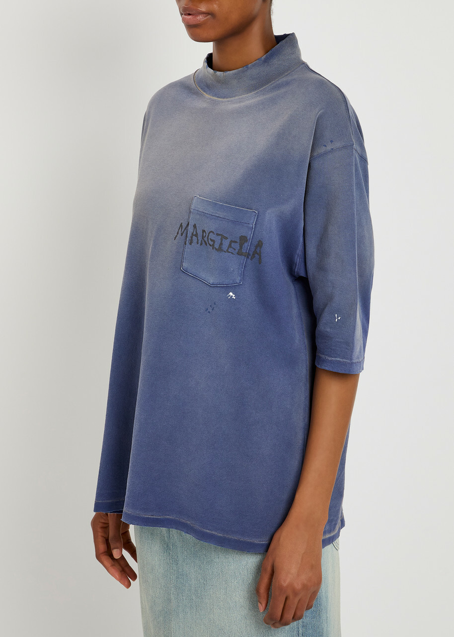 Maison Margiela Distressed Logo-printed Cotton T-shirt Blue Maison