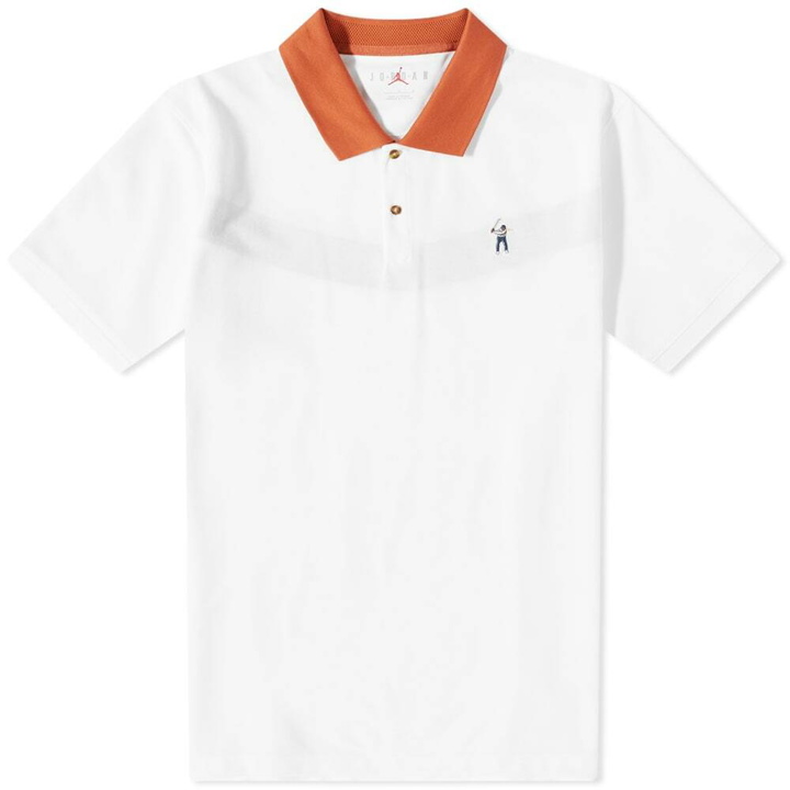 Photo: Air Jordan x Eastside Golf Polo Shirt in White/Burnt Sunrise/Midnight Navy