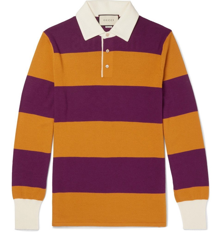 Photo: Gucci - Embroidered Striped Wool Polo Shirt - Purple