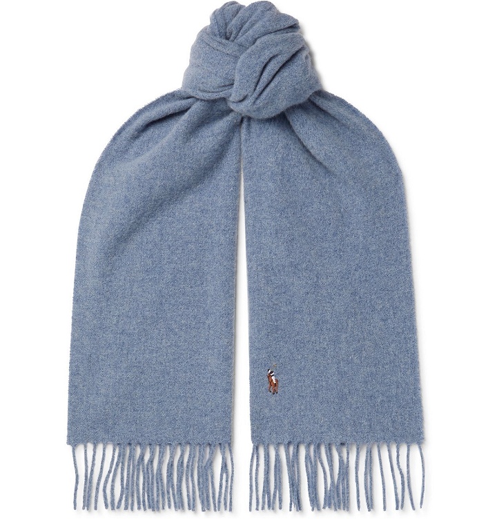 Photo: POLO RALPH LAUREN - Logo-Embroidered Fringed Wool Scarf - Blue