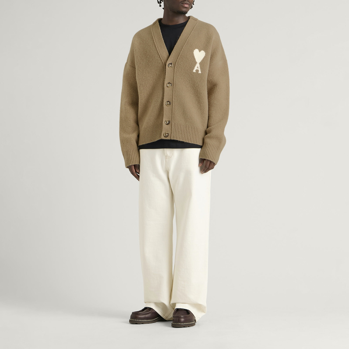 AMI Paris Men's Alpaca Cardigan With ADC in Putty Beige/Ecru