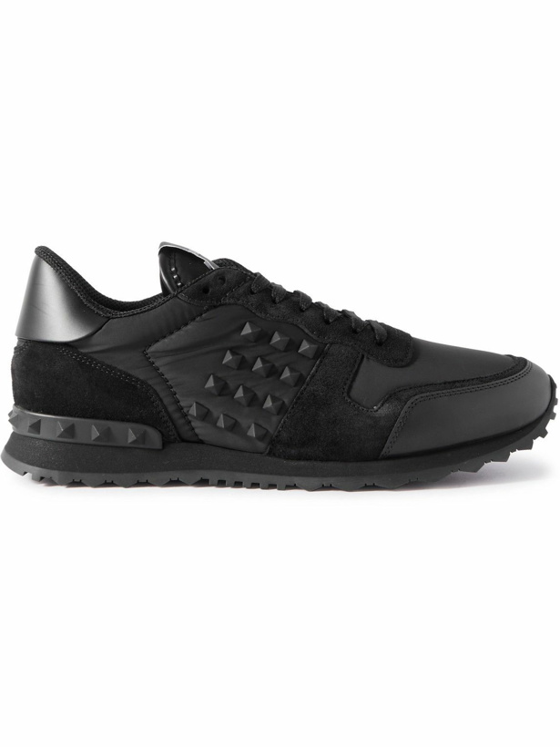 Photo: Valentino Garavani - Rockstud Leather, Suede and Shell Sneakers - Black