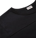 SAINT LAURENT - Logo-Flocked Stripe-Trimmed Distressed Cotton-Jersey T-Shirt - Black