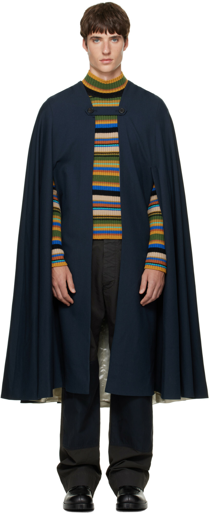 Dries Van Noten Navy Wool Cape Coat