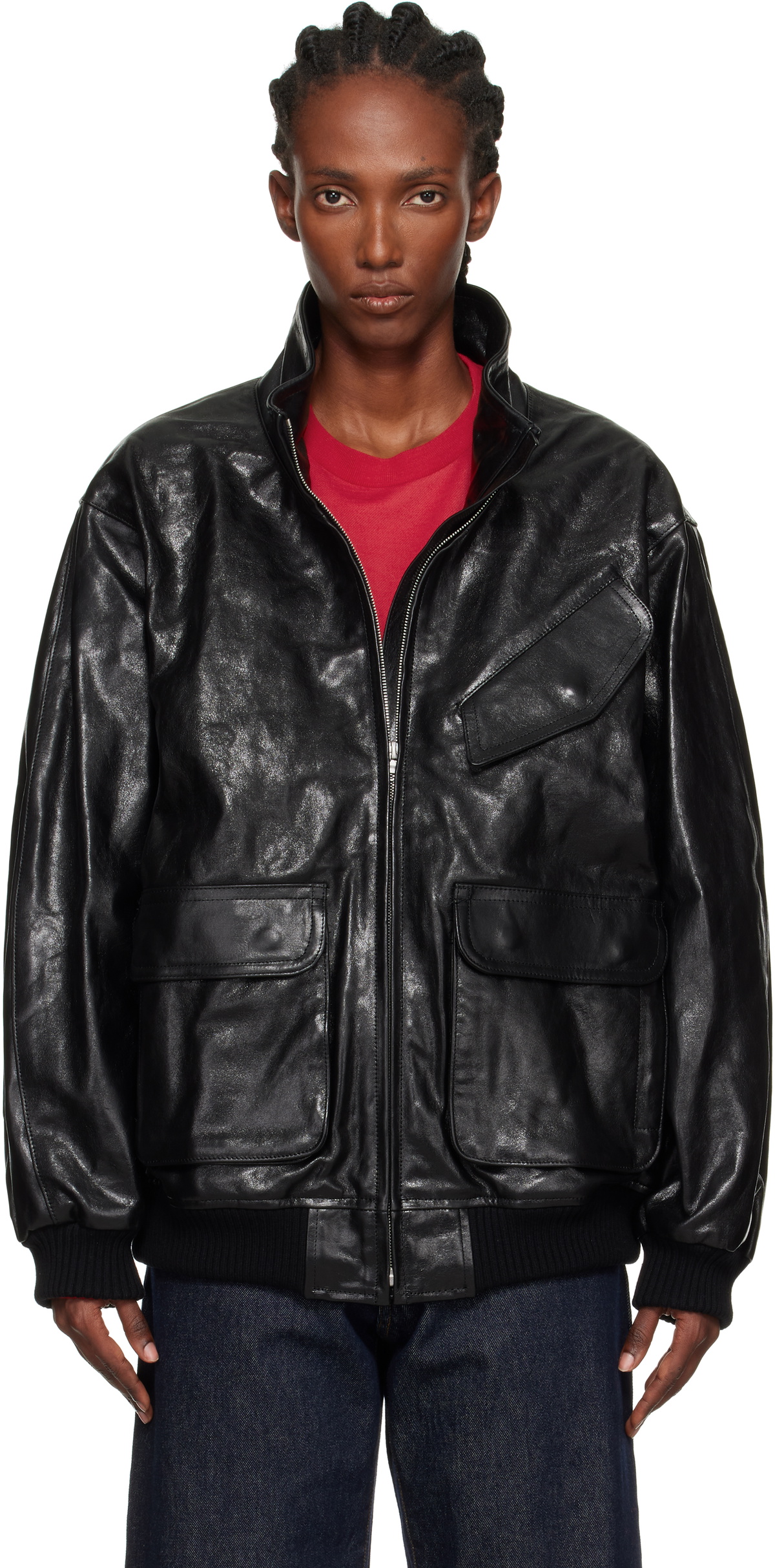 AURALEE Black Cropped Riders Lamb Leather Jacket Auralee