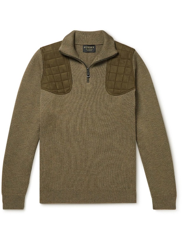 Photo: Purdey - Quilted Faux Suede-Trimmed Wool Half-Zip Sweater - Green