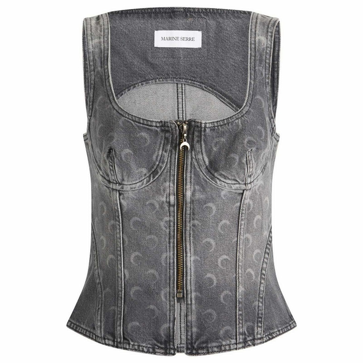 Photo: Marine Serre Women's Moon Laser Denim Bustier Top in Dark Grey
