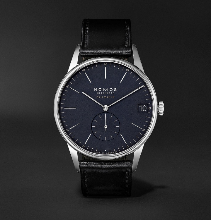 Photo: NOMOS Glashütte - Orion Neomatik Datum Automatic 41mm Stainless Steel and Cordovan Leather Watch, Ref. No. 363 - Blue