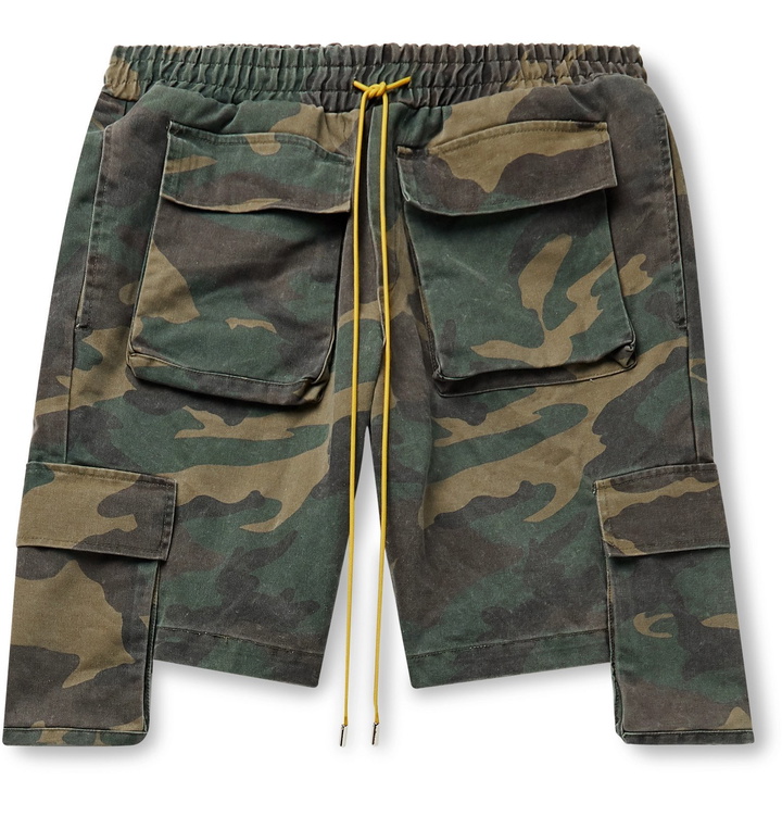 Photo: Rhude - Camouflage-Print Cotton Drawstring Cargo Shorts - Green