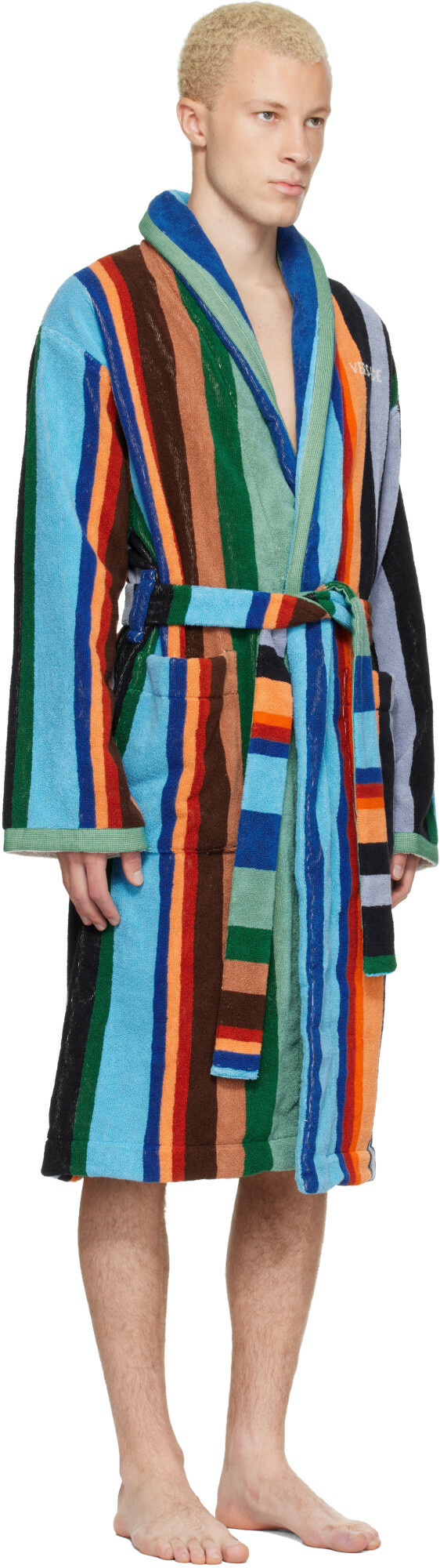 Versace Multicolor Striped Cotton-Terry Jacquard Bathrobe