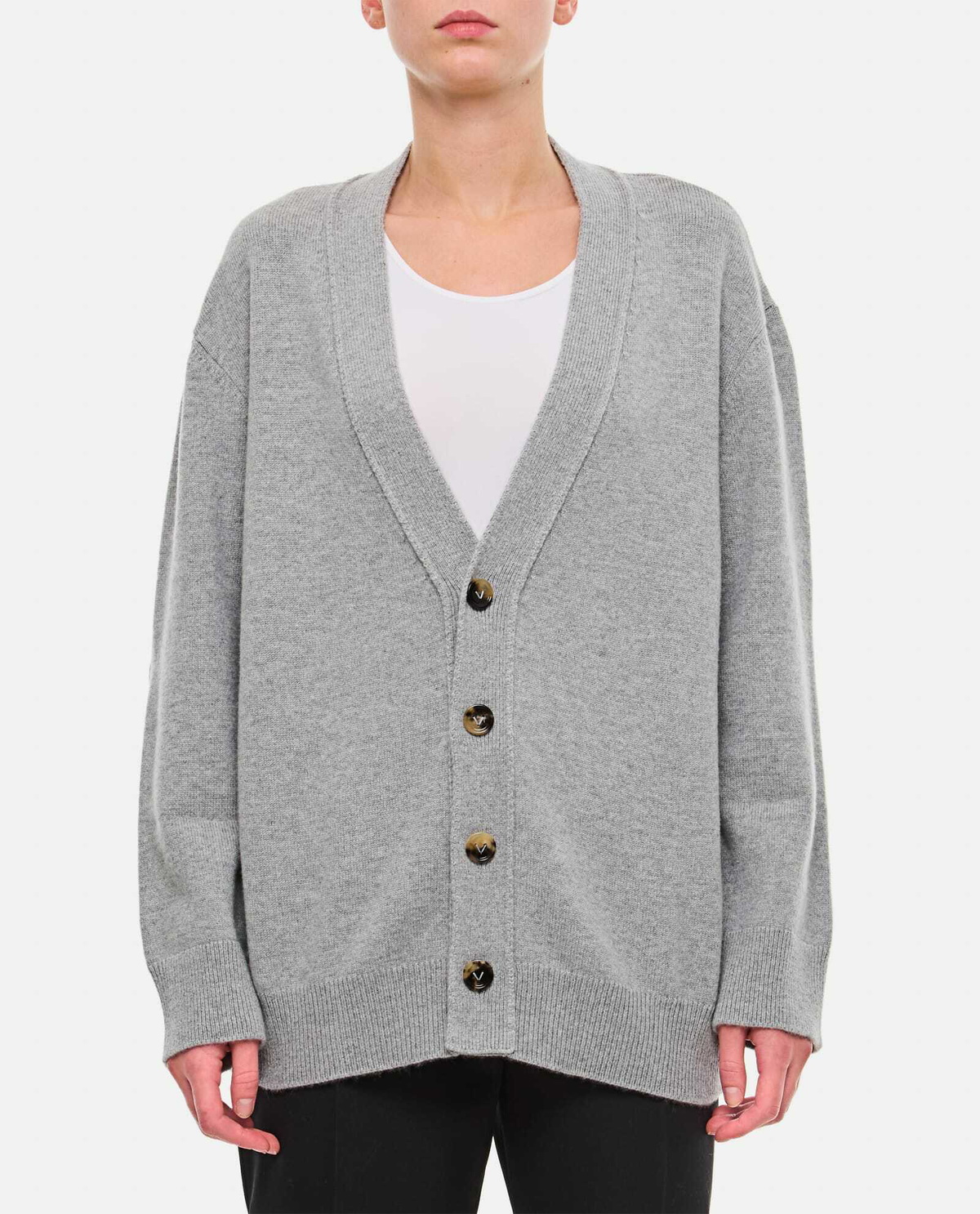 BOTTEGA VENETA エルバーパッチ カシミヤ カーディガン グレー Bottega Veneta Cashmere Cardigan With Woven Leather Elbow Patch