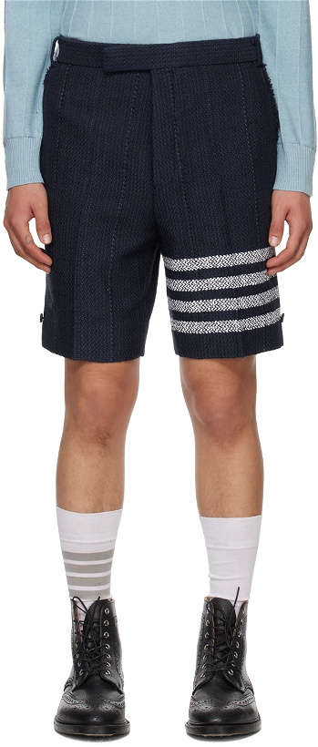 Photo: Thom Browne Navy 4-Bar Sack Shorts