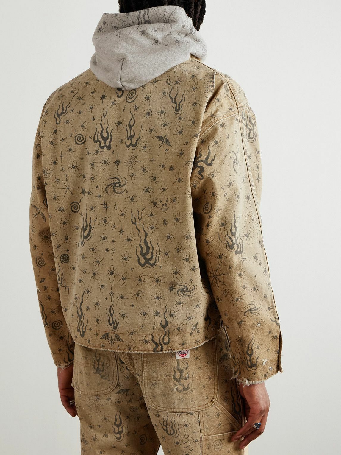 SAINT MXXXXXX - Dr. Woo Corduroy-Trimmed Distressed Printed Cotton-Canvas Jacket - Neutrals