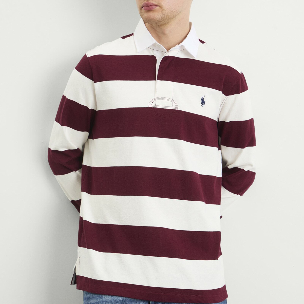 Polo Ralph Lauren Men's Stripe Rugby Shirt in Classic Wine/Trophy Cream