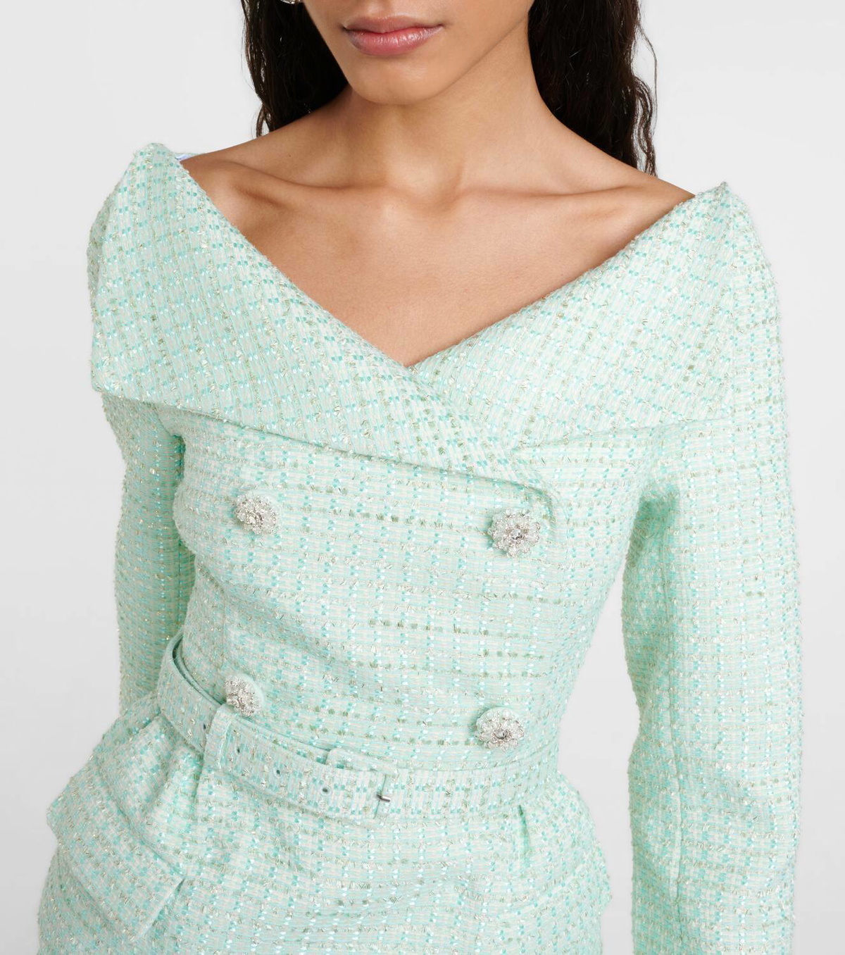 green emerald velvet dress Green Boucle Gathered Mini Dress