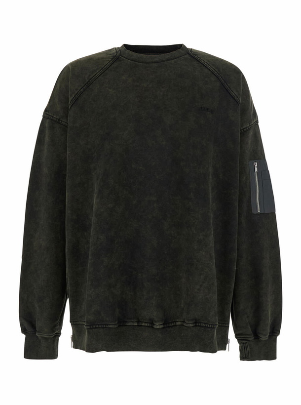 Photo: Juun.J Khaki Green Crewneck Sweater With Zip Pocket On The Sleeve In Cotton Man