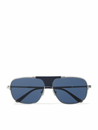 TOM FORD - Tex Aviator-Style Leather-Trimmed Silver-Tone Sunglasses