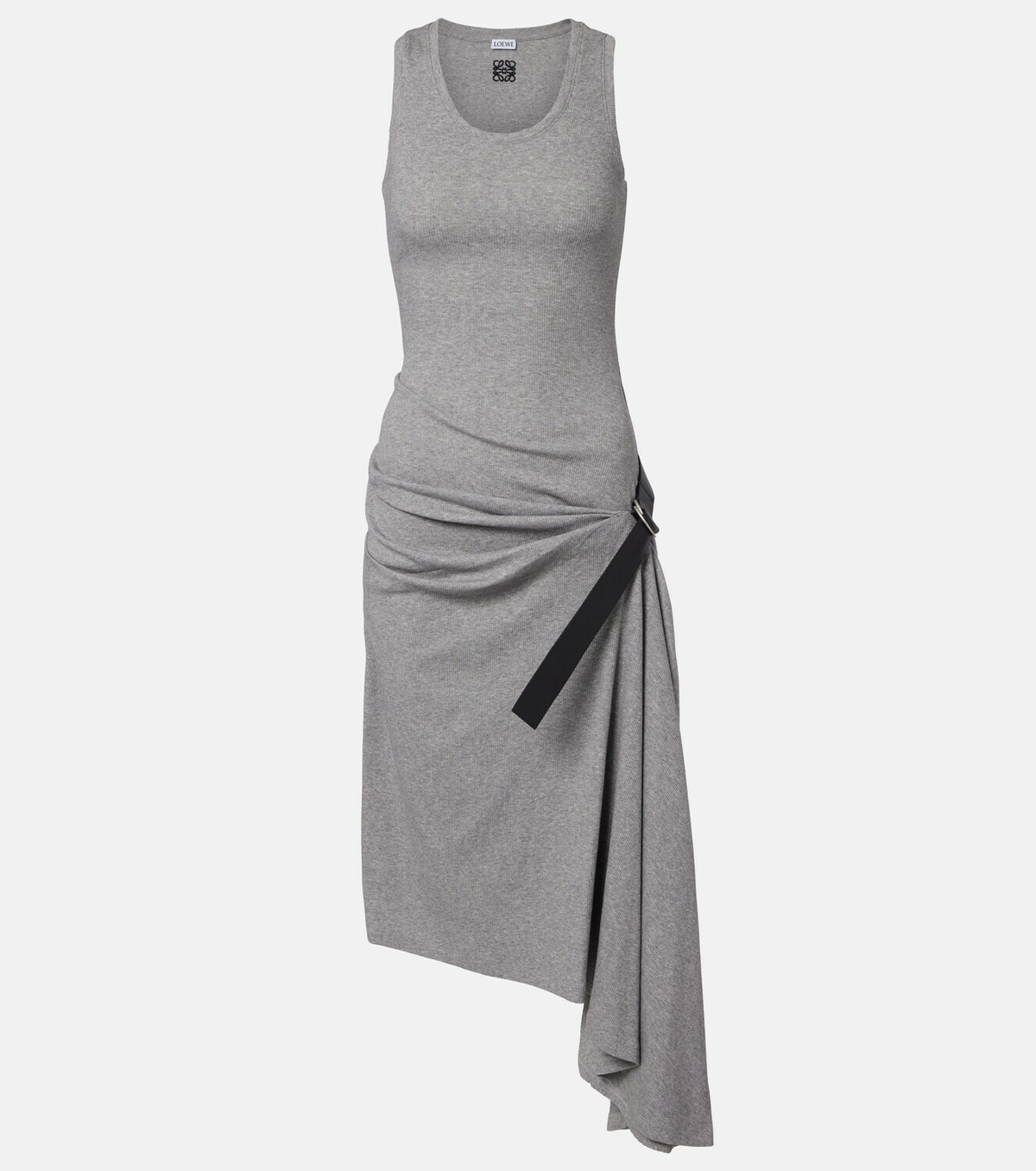 Loewe Belted ribbed-knit draped cotton-blend midi dress