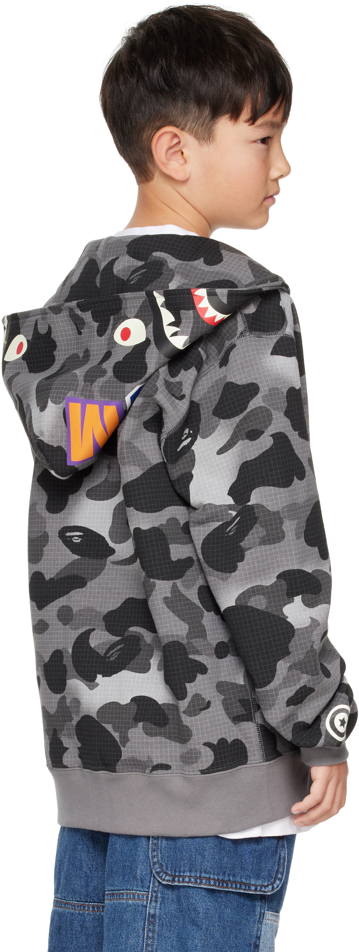 BAPE Kids Gray Grid Camo Shark Glow In The Dark Zip Hoodie A 