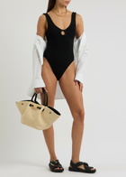 Hunza G - Celine Cut-Out Seersucker Swimsuit, Black, One Size, V-Neck, Cut-Out Ring Detail, Machine Wash, Hunza G Black Swimsuit