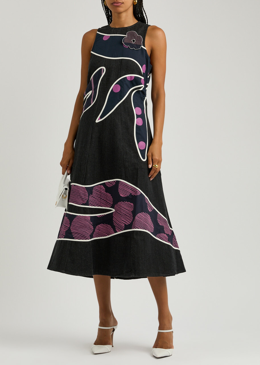 Lovebirds Printed and Appliquéd Denim Dress Black