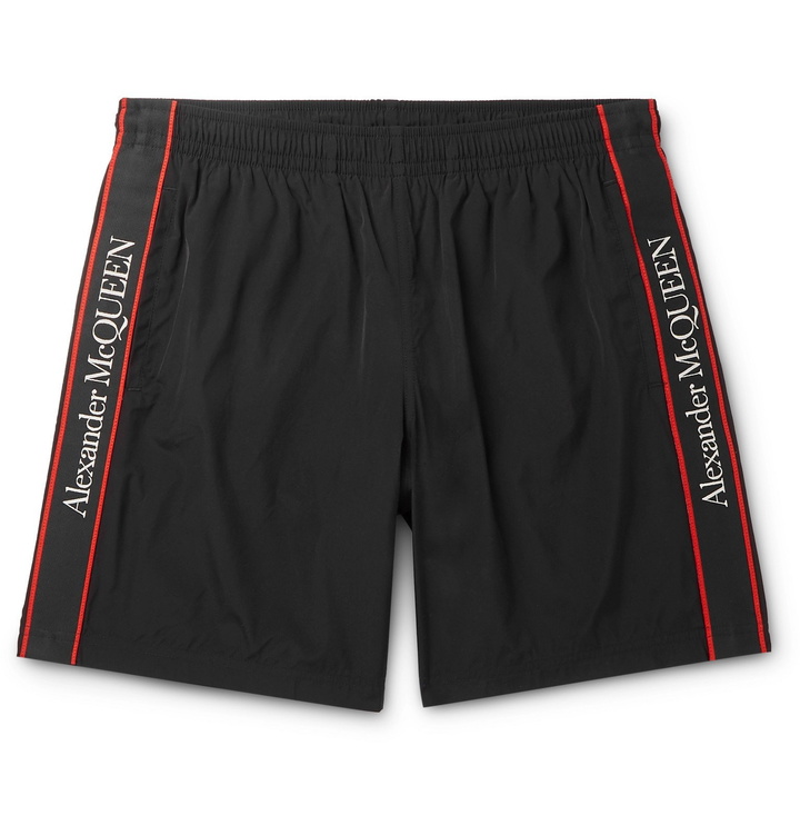 Photo: Alexander McQueen - Long-Length Logo-Print Webbing-Trimmed Swim Shorts - Black