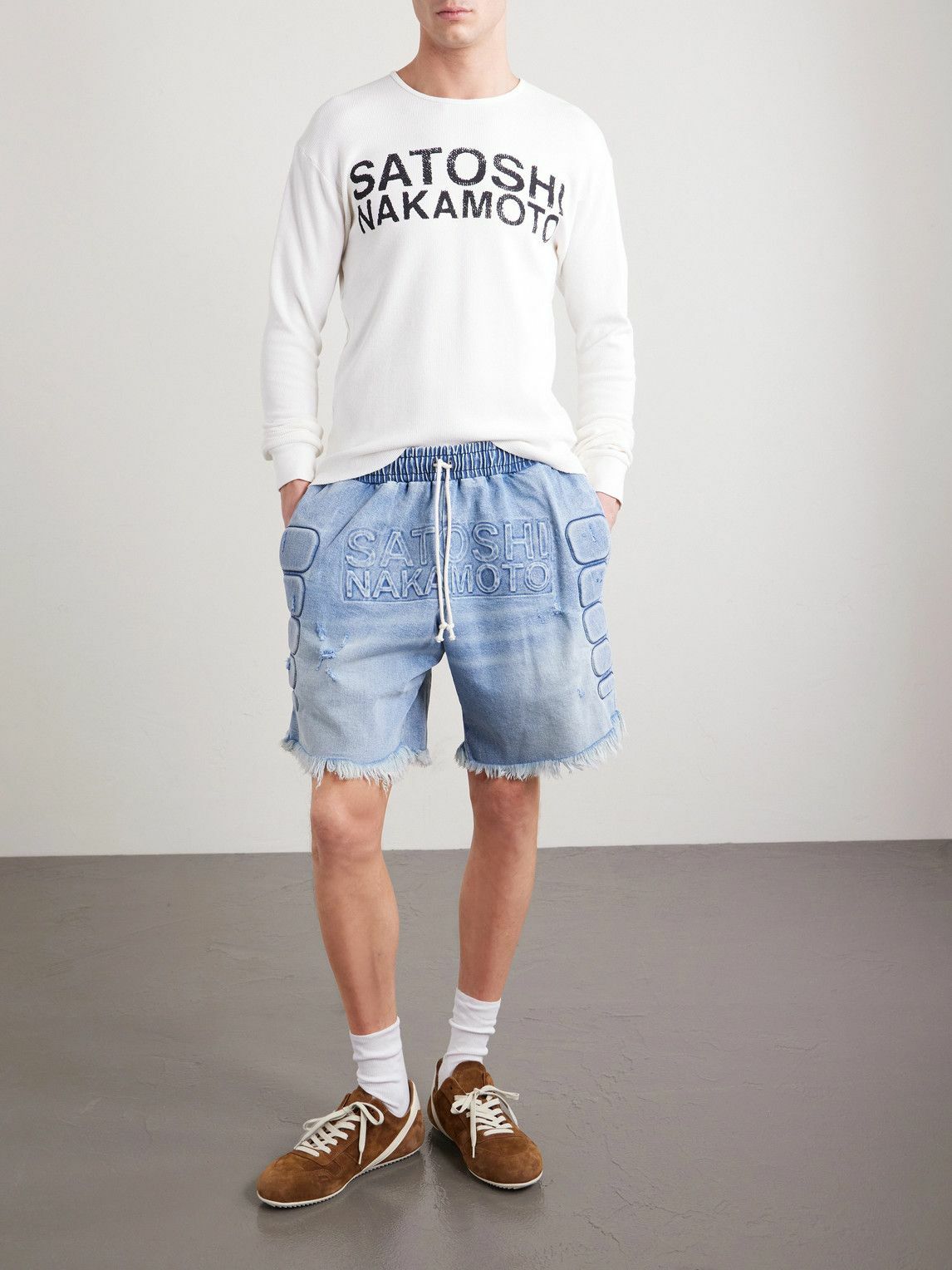 Satoshi Nakamoto - Straight-Leg Fringed Padded Denim Shorts - Blue