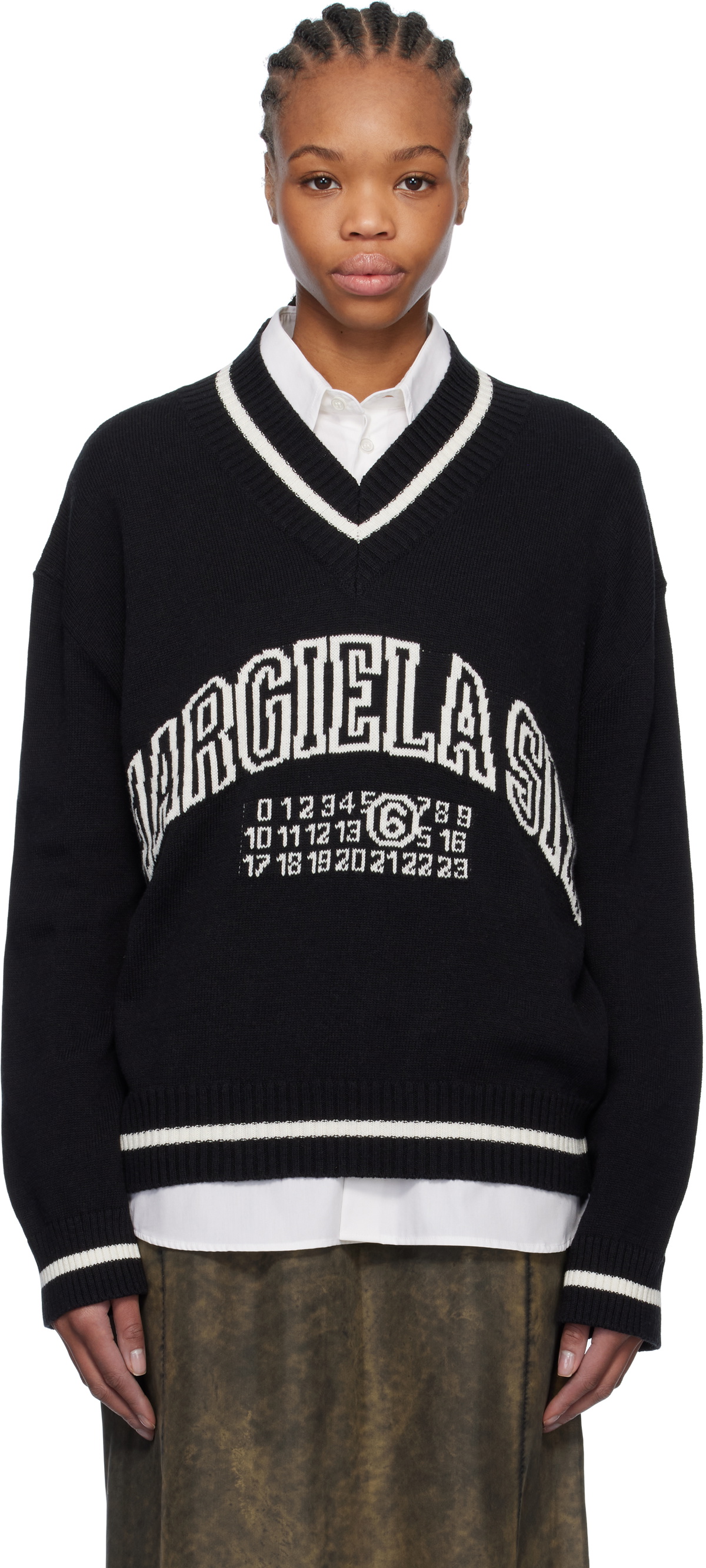 MM6 Maison Margiela Black V-Neck Varsity Sweater MM6 Maison Margiela