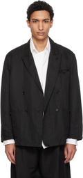 YOKE Black Linen Silk Kersey Double Breasted Blazer