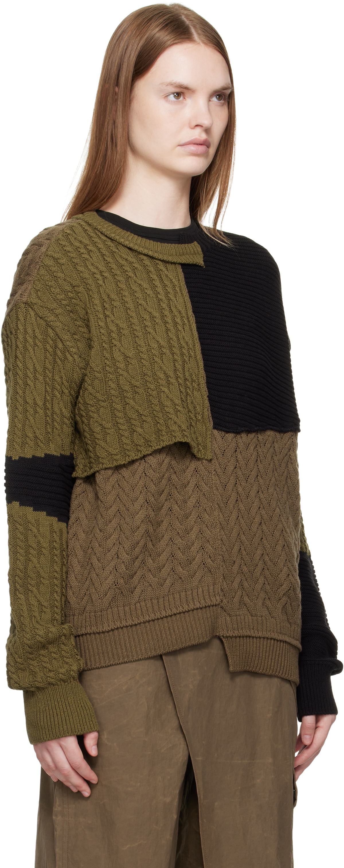 Andersson Bell Black & Brown Patchwork Asymmetric Crewneck Sweater