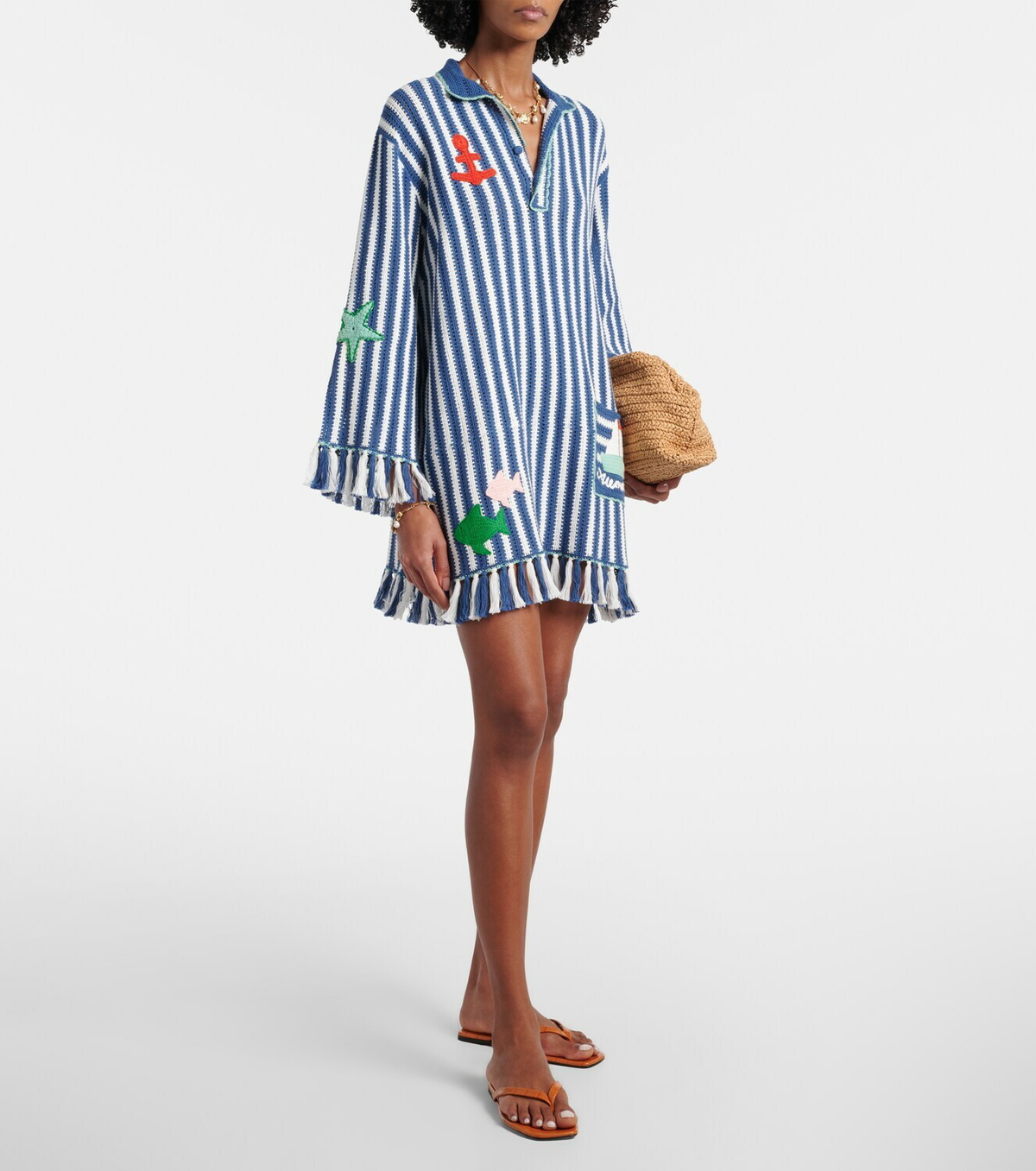 Alémais Crochet fringed striped cotton minidress