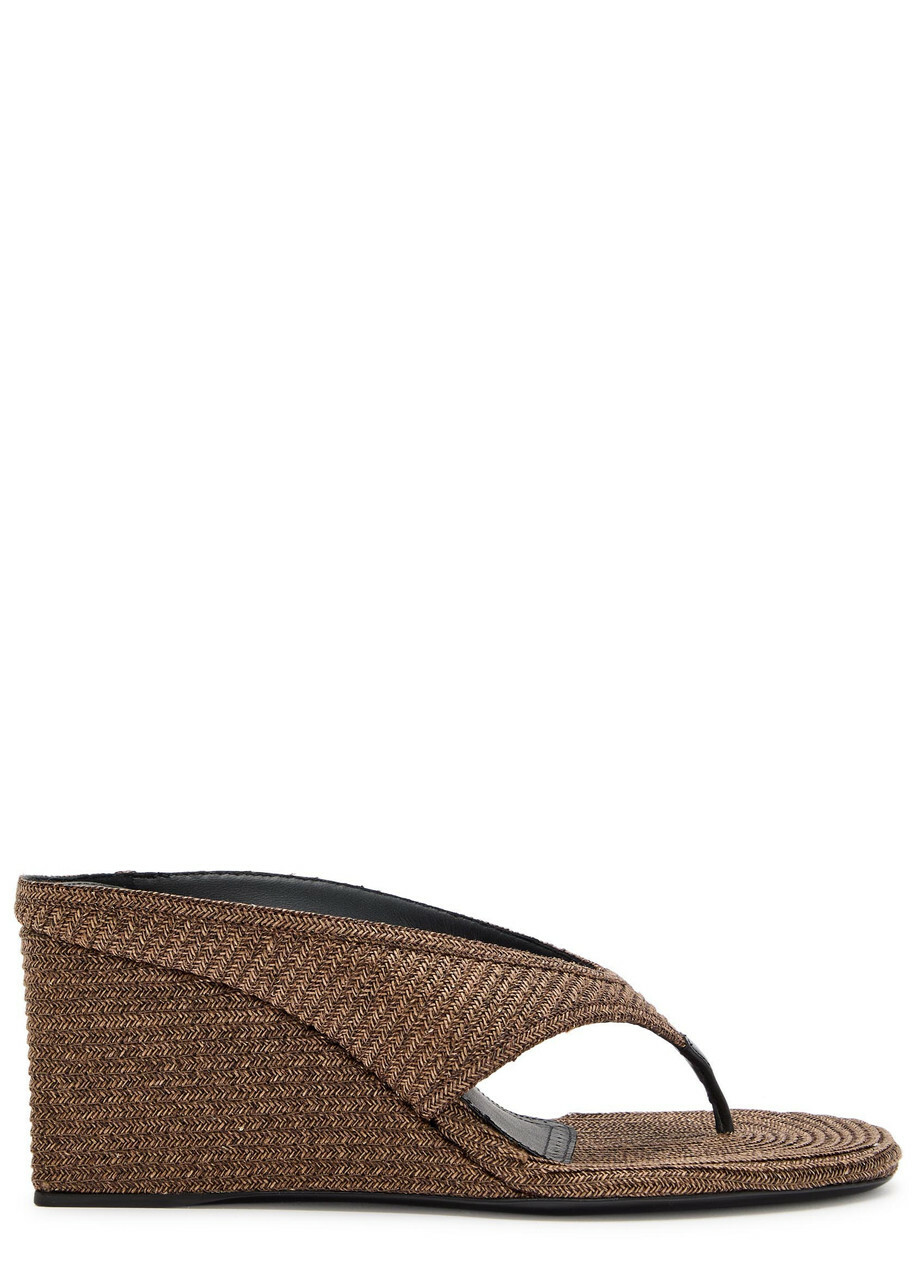 Alaïa Cube 75 Raffia Thong Wedge Mules Brown