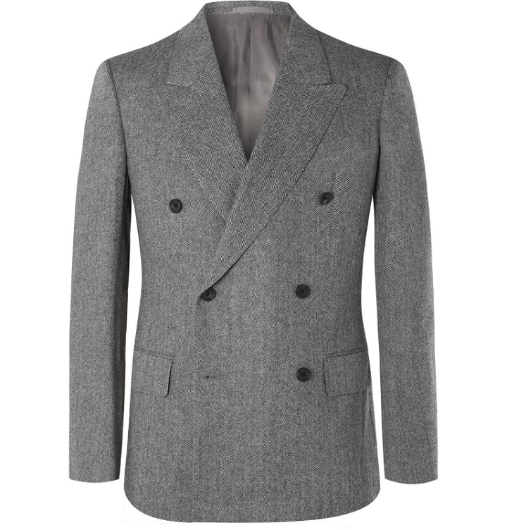 Photo: Kingsman - Grey Slim-Fit Double-Breasted Herringbone Wool and Cashmere-Blend Suit Jacket - Gray