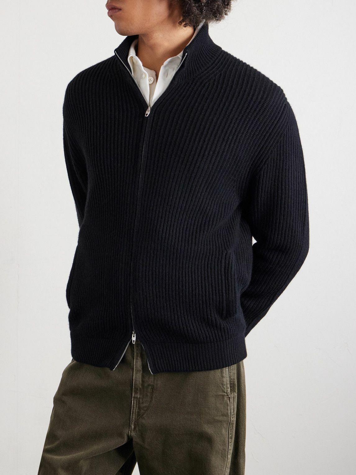 UMIT BENAN - Matt Ribbed Cashmere Zip-Up Cardigan - Black