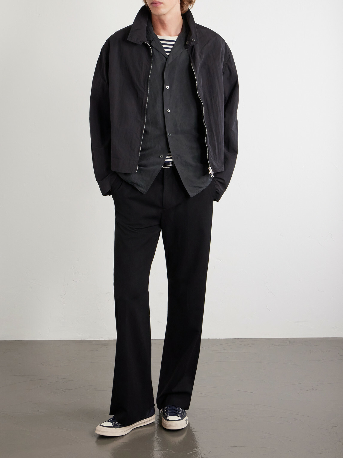A.PRESSE - Convertible-Collar Silk and Linen-Blend Shirt - Black