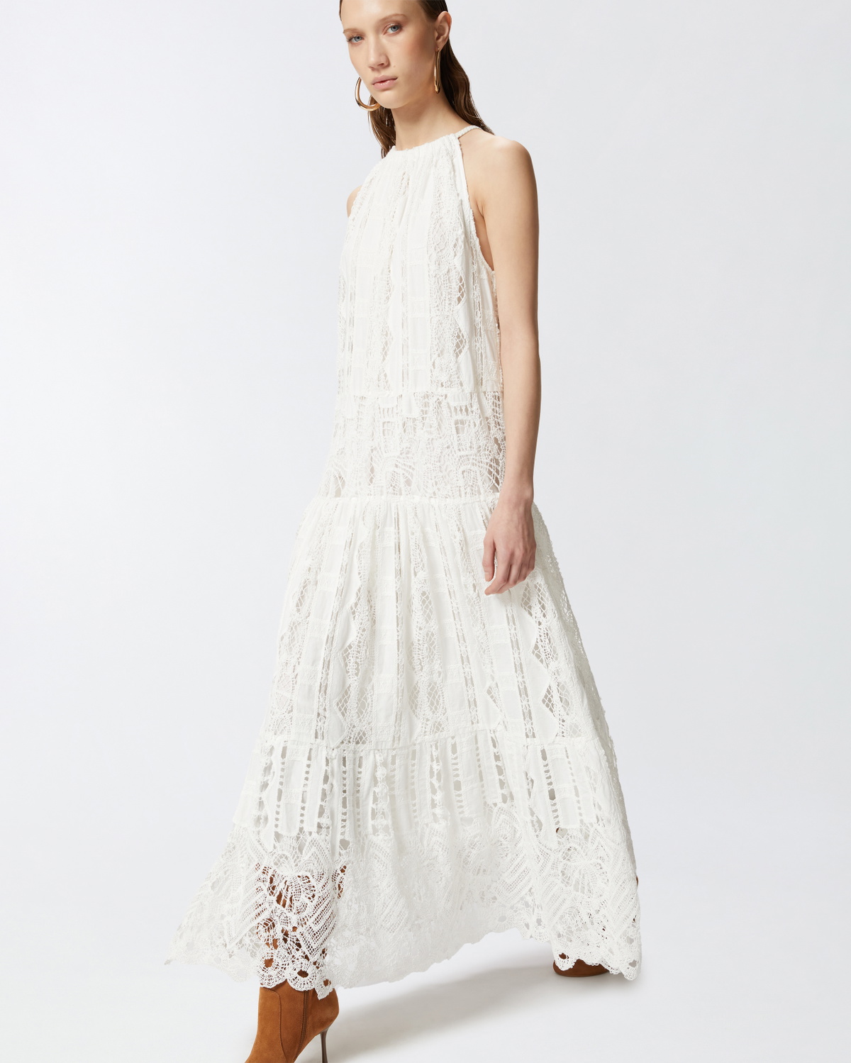 Pinko Midi Dress In Broderie Anglaise And Macramé Snow White