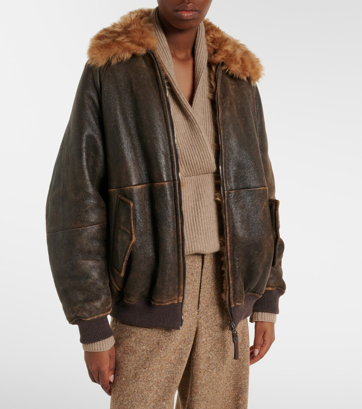 Brunello Cucinelli Monili shearling-trimmed leather blouson jacket