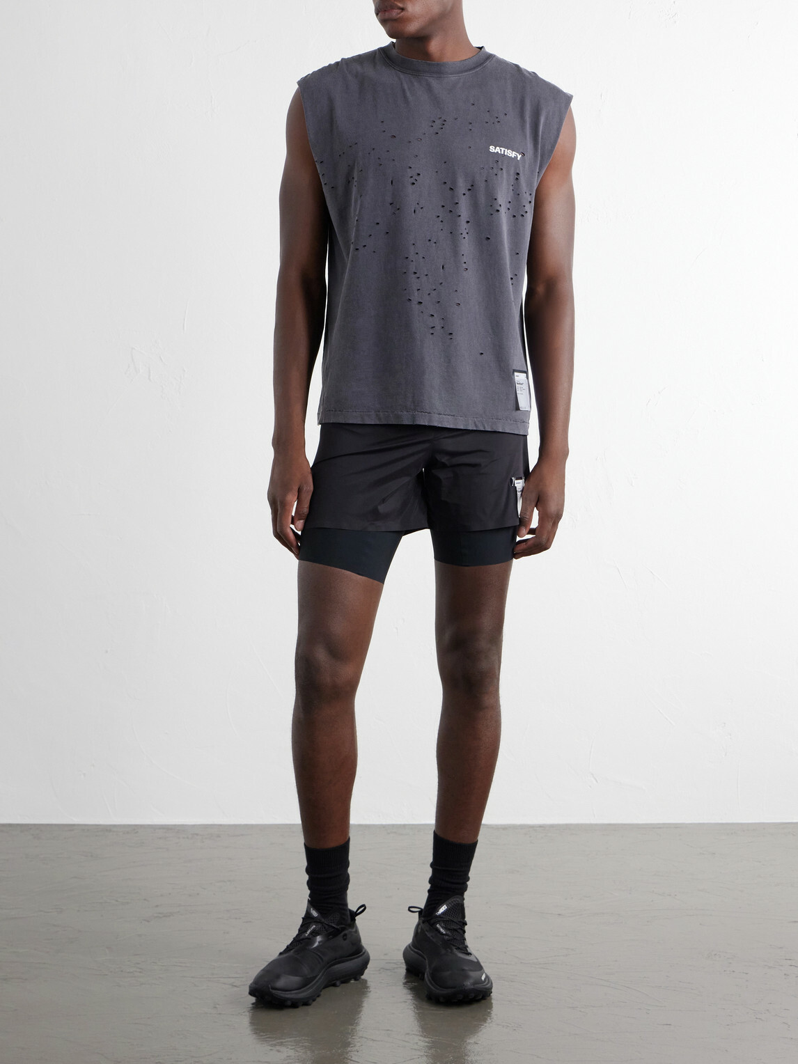 Satisfy - Distressed Logo-Print MothTech™ Organic Cotton-Jersey Tank Top - Gray