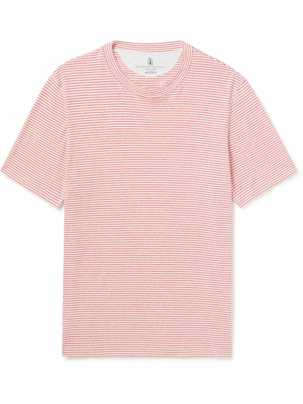 Photo: Brunello Cucinelli - Striped Cotton and Linen-Blend Jersey T-Shirt - Red