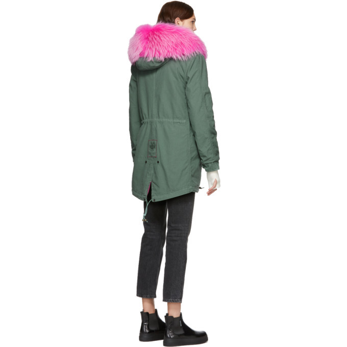 Mr and Mrs Italy Green and Pink Canvas Small Fur Hooded Parka