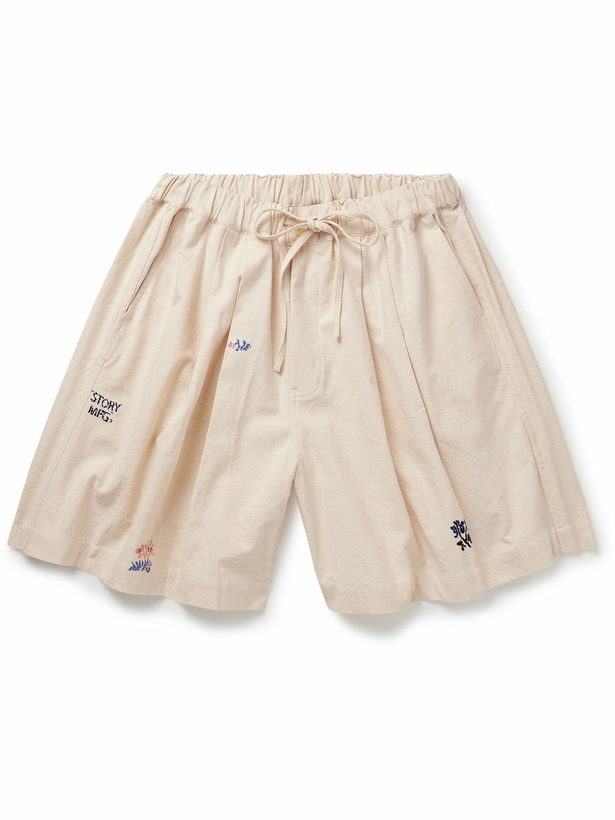 Photo: Story mfg. - Bridge Wide-Leg Embroidered Organic Cotton-Canvas Drawstring Shorts - Neutrals