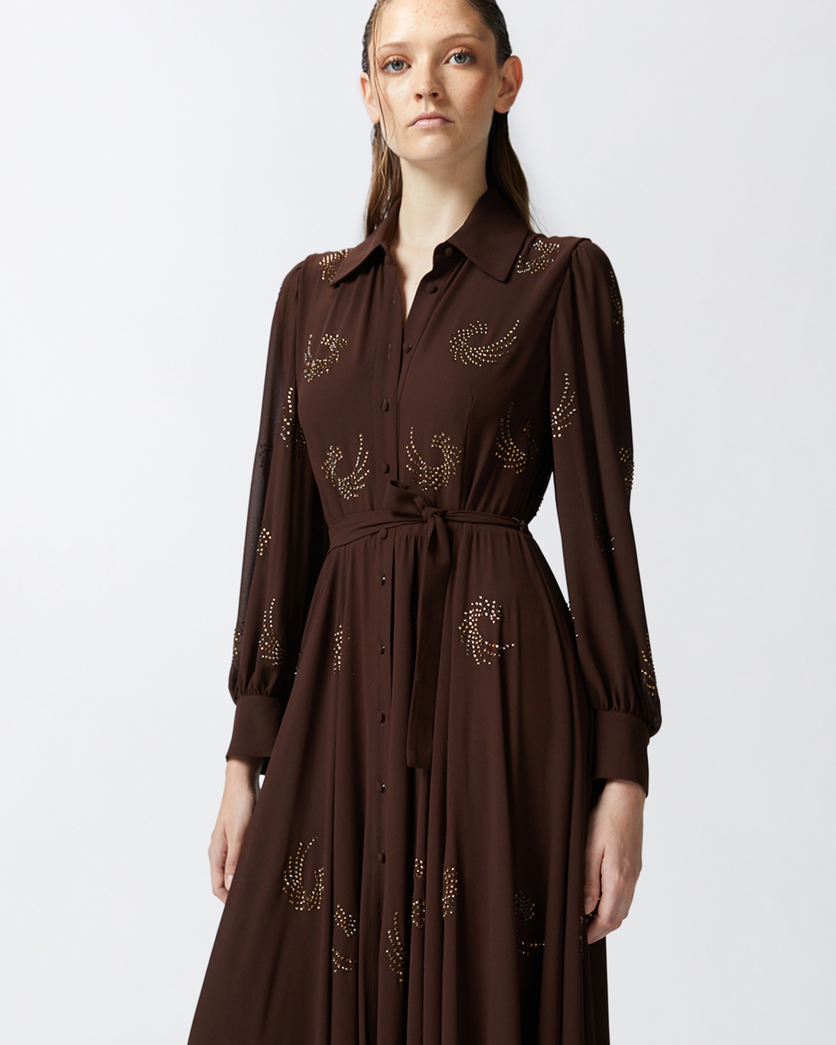 Pinko Lightweight Long Dress With Rhinestone Swirls Coffee Bean Brown Pinko Pinko Lightweight Long Dress With Rhinestone Swirls Coffee Bean Brown Pinko