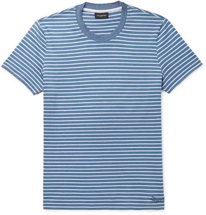 Photo: Ermenegildo Zegna - Slim-Fit Striped Cotton-Piqué T-Shirt - Blue